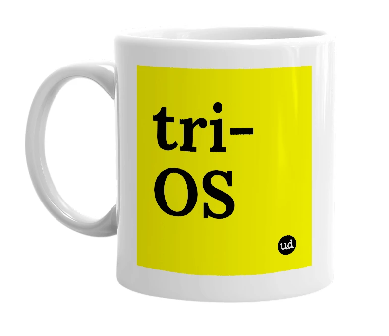 White mug with 'tri-OS' in bold black letters