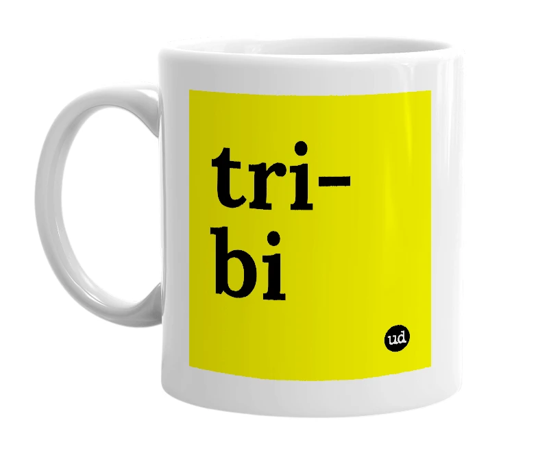 White mug with 'tri-bi' in bold black letters