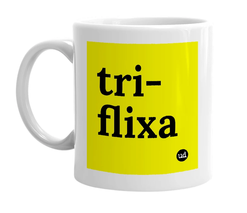 White mug with 'tri-flixa' in bold black letters