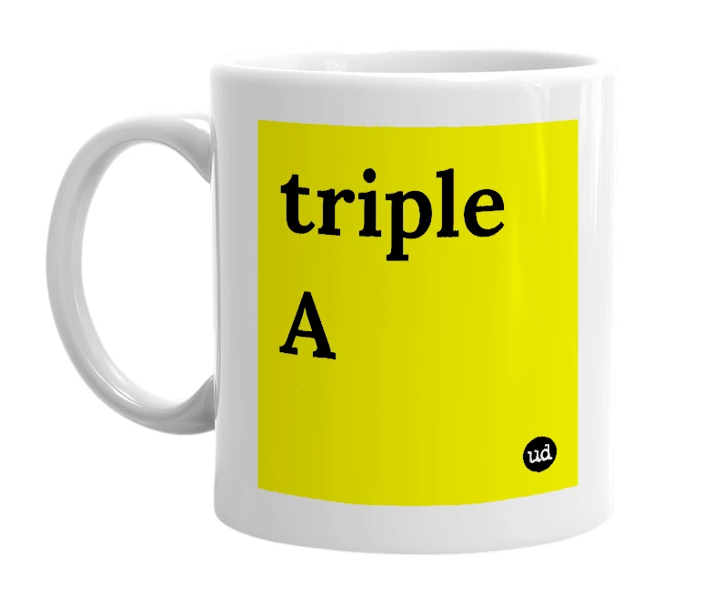 White mug with 'triple A' in bold black letters