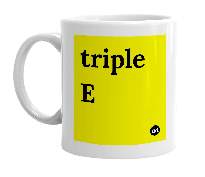 White mug with 'triple E' in bold black letters
