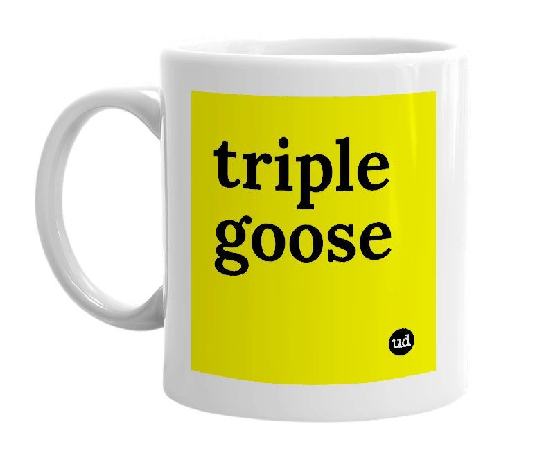 White mug with 'triple goose' in bold black letters