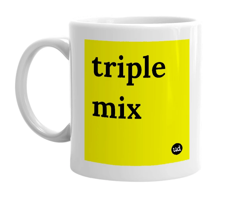 White mug with 'triple mix' in bold black letters