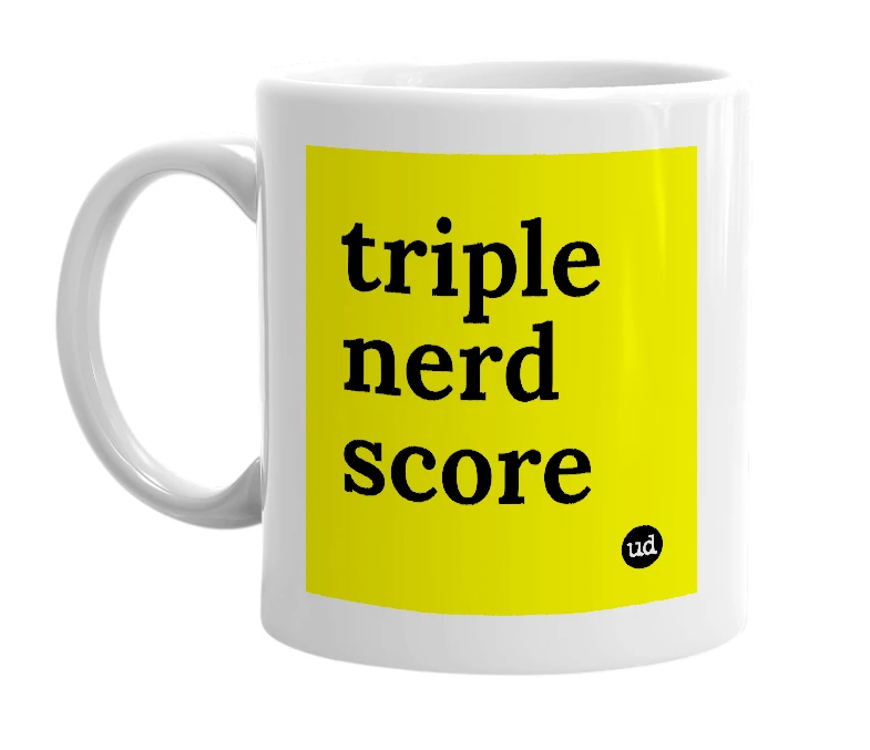 White mug with 'triple nerd score' in bold black letters