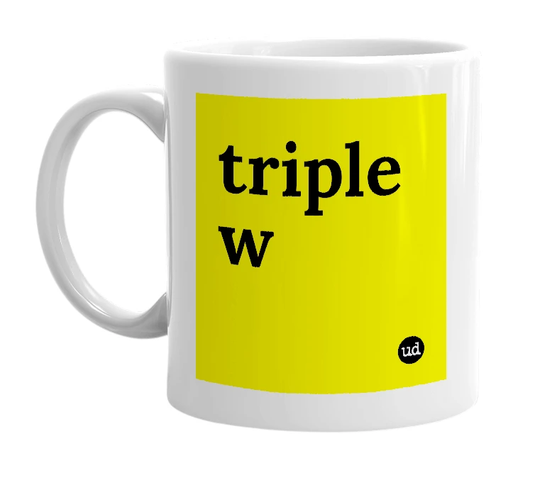 White mug with 'triple w' in bold black letters