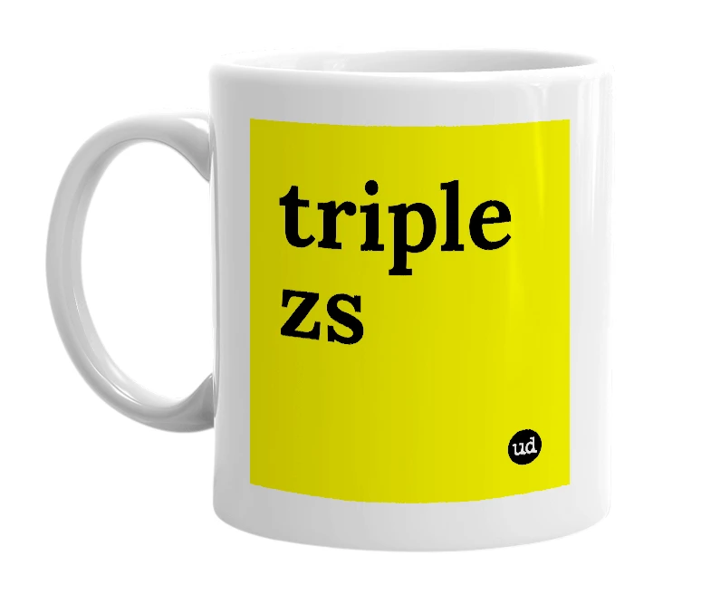 White mug with 'triple zs' in bold black letters
