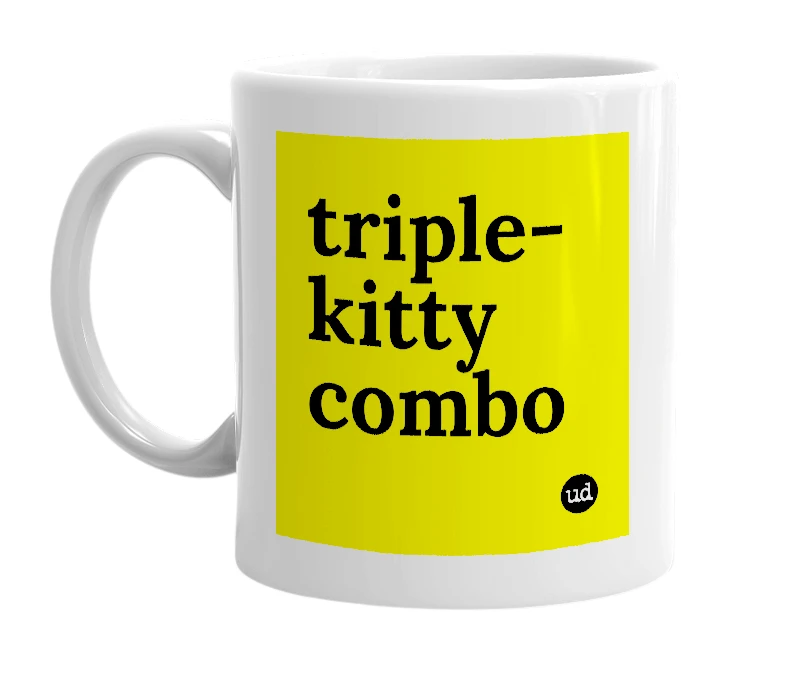 White mug with 'triple-kitty combo' in bold black letters