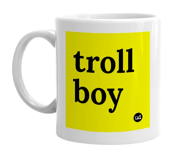 White mug with 'troll boy' in bold black letters