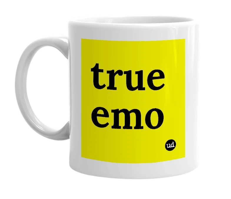 White mug with 'true emo' in bold black letters