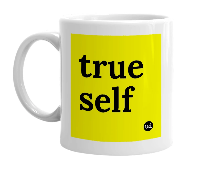 White mug with 'true self' in bold black letters