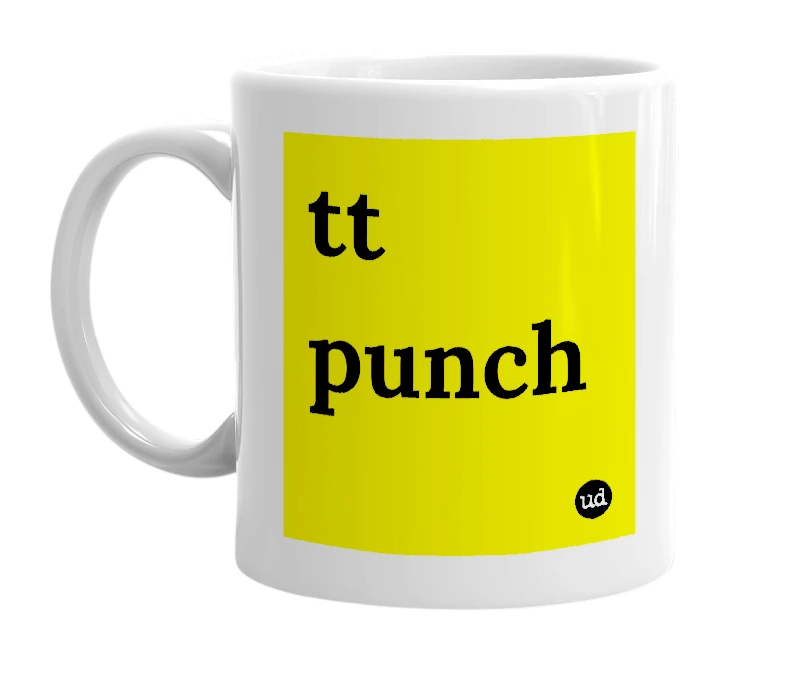 White mug with 'tt punch' in bold black letters