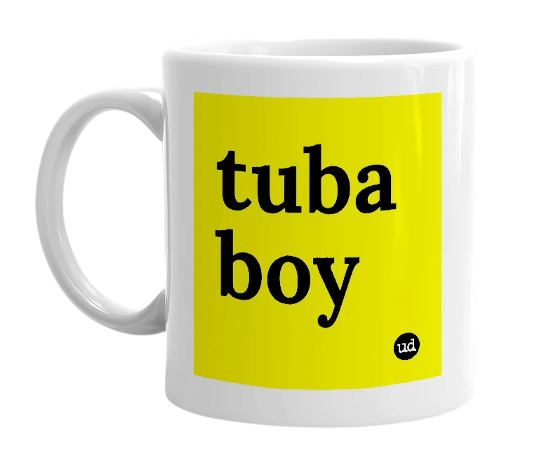 White mug with 'tuba boy' in bold black letters