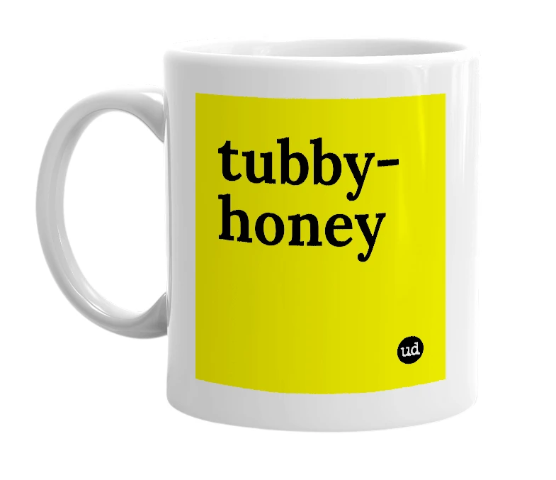 White mug with 'tubby-honey' in bold black letters