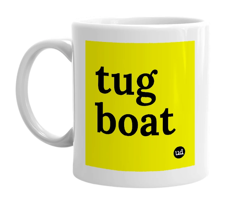 White mug with 'tug boat' in bold black letters