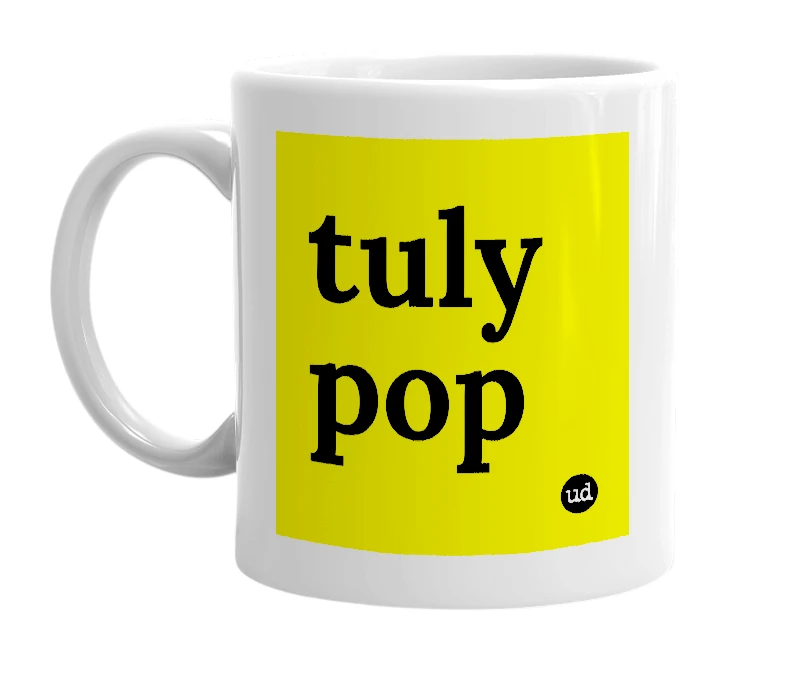 White mug with 'tuly pop' in bold black letters