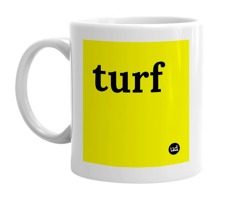 White mug with 'turf' in bold black letters