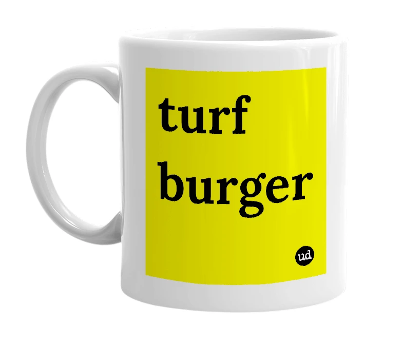 White mug with 'turf burger' in bold black letters