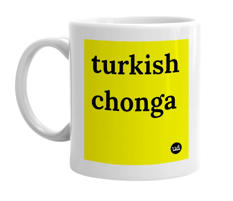 White mug with 'turkish chonga' in bold black letters