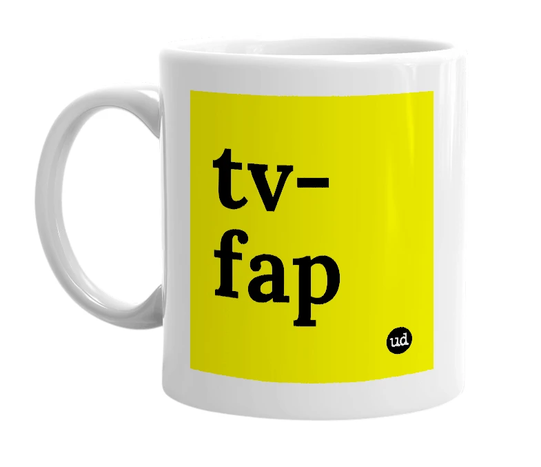White mug with 'tv-fap' in bold black letters