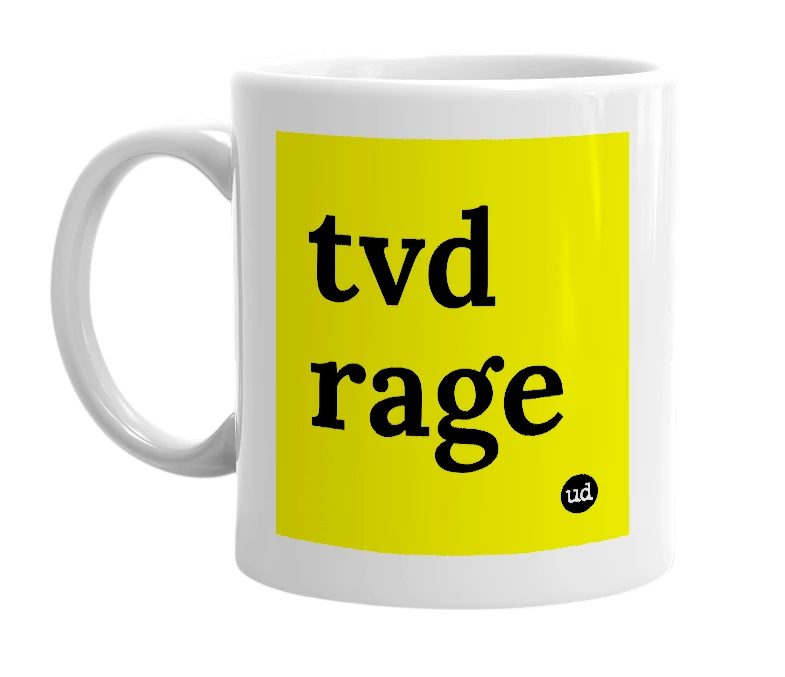 White mug with 'tvd rage' in bold black letters