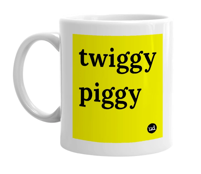 White mug with 'twiggy piggy' in bold black letters