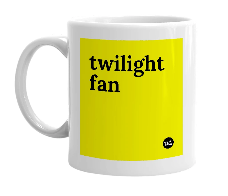 White mug with 'twilight fan' in bold black letters