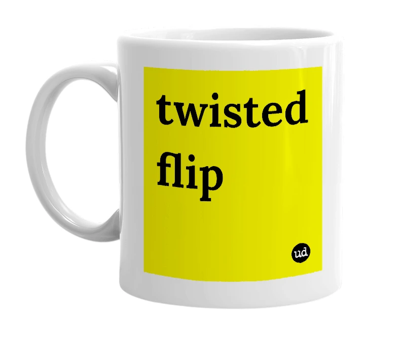 White mug with 'twisted flip' in bold black letters