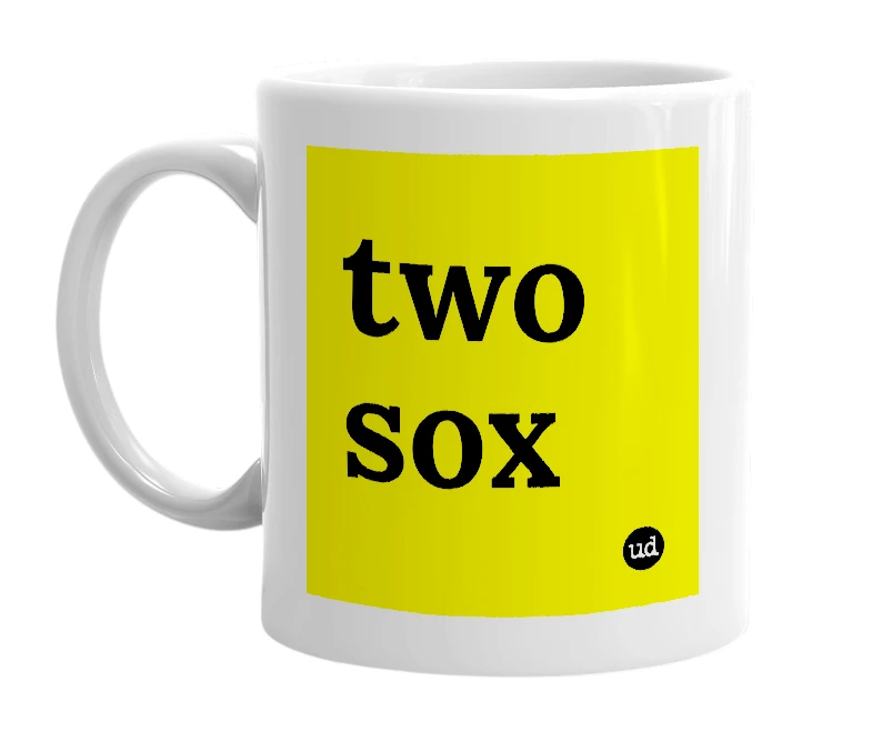 White mug with 'two sox' in bold black letters