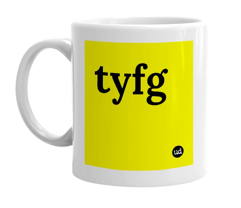 White mug with 'tyfg' in bold black letters