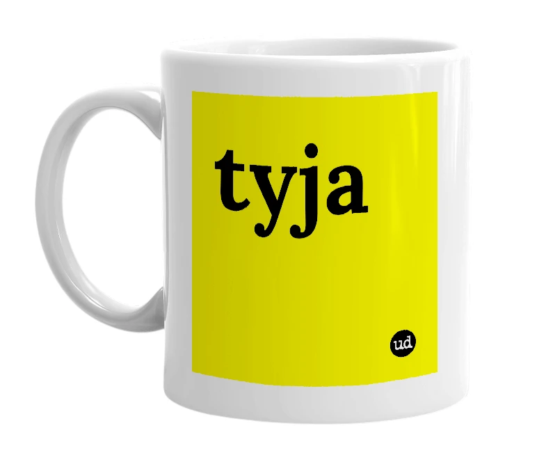 White mug with 'tyja' in bold black letters