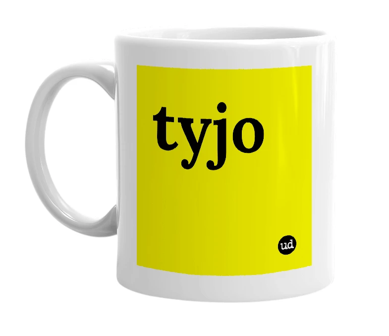 White mug with 'tyjo' in bold black letters