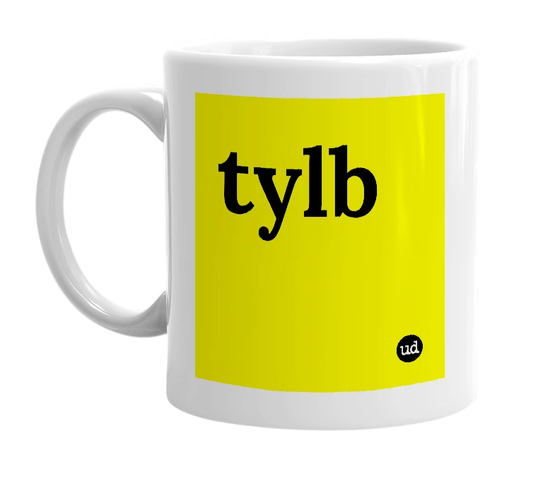White mug with 'tylb' in bold black letters