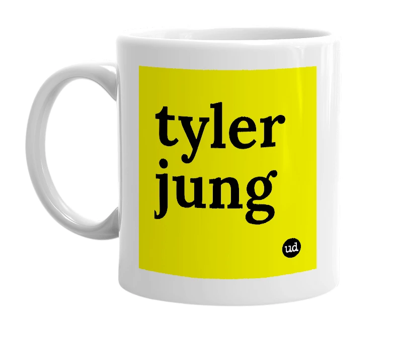 White mug with 'tyler jung' in bold black letters
