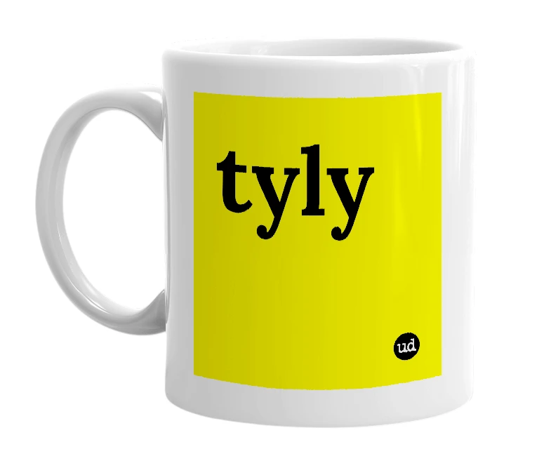 White mug with 'tyly' in bold black letters