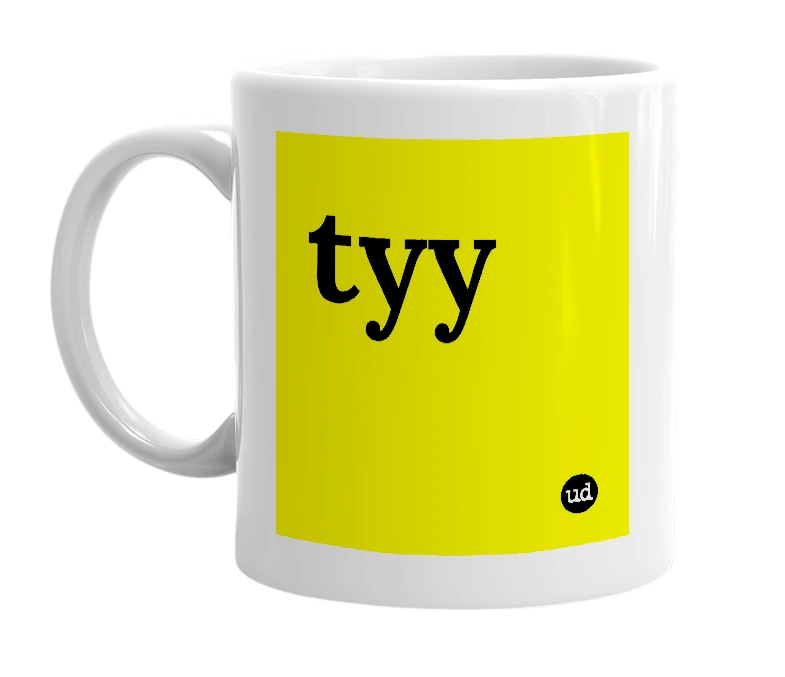 White mug with 'tyy' in bold black letters