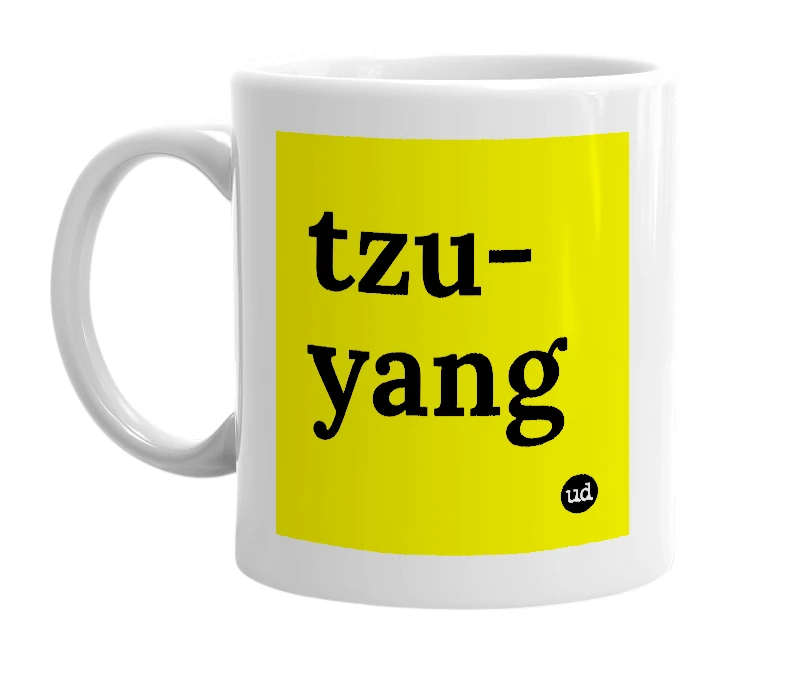 White mug with 'tzu-yang' in bold black letters