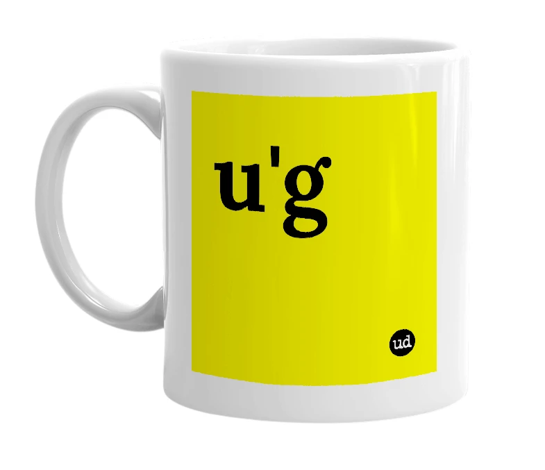 White mug with 'u'g' in bold black letters