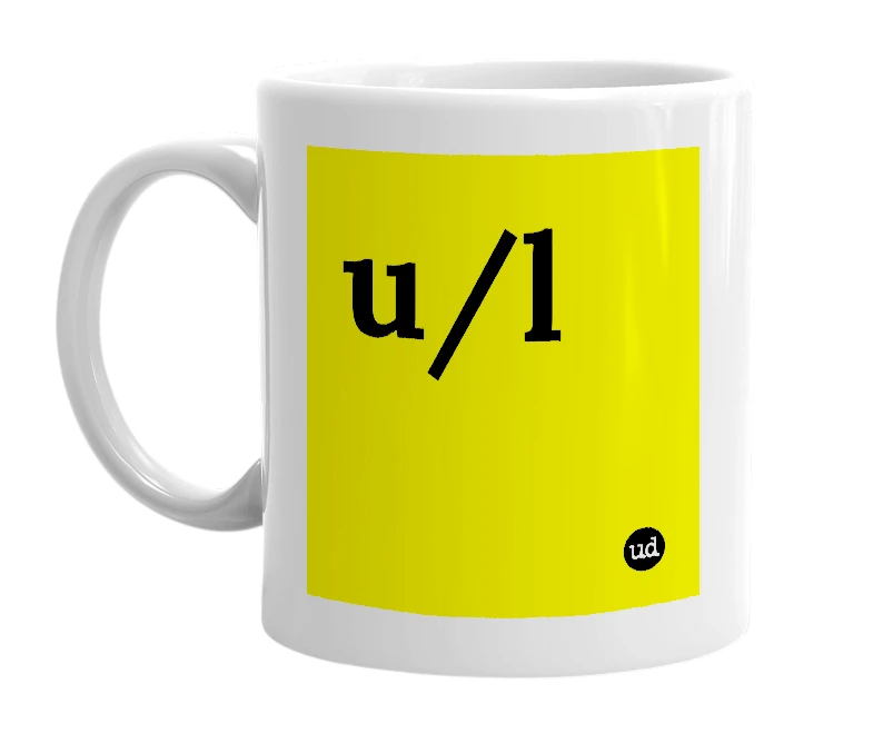 White mug with 'u/l' in bold black letters