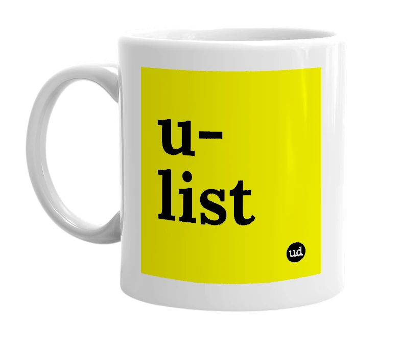 White mug with 'u-list' in bold black letters