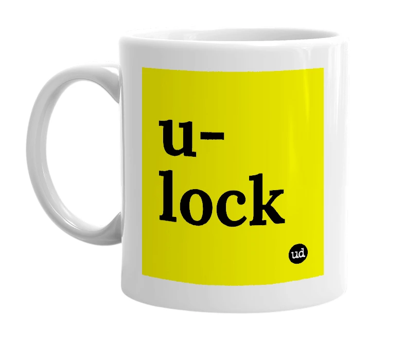 White mug with 'u-lock' in bold black letters