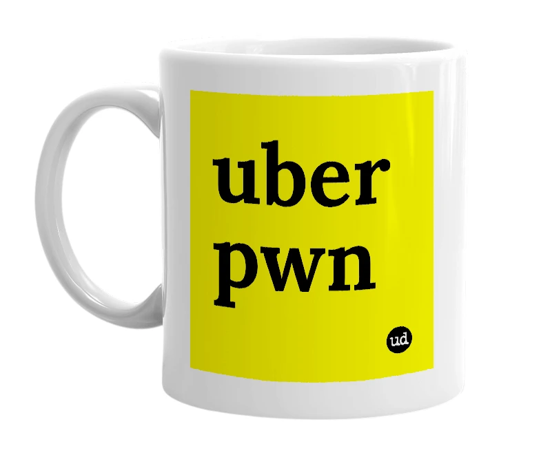 White mug with 'uber pwn' in bold black letters