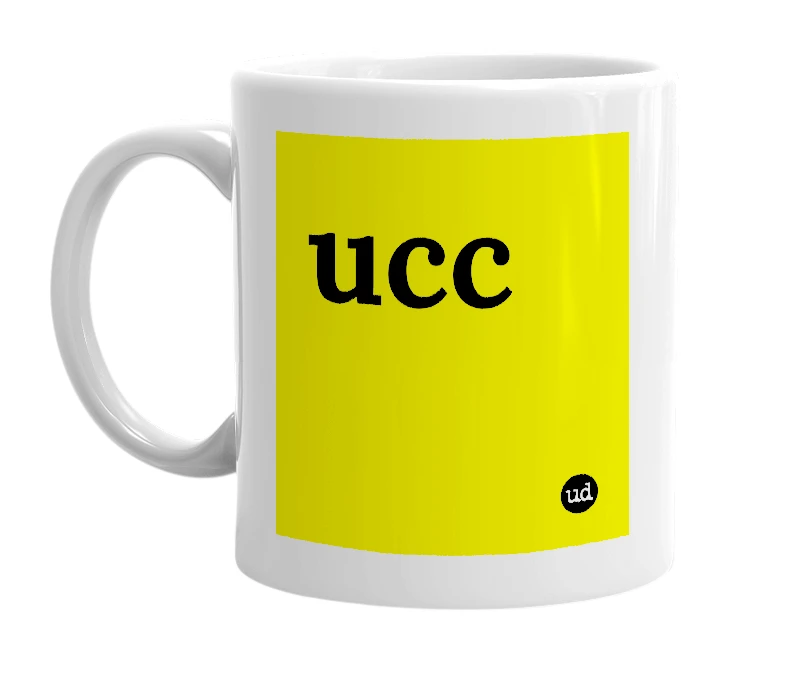 White mug with 'ucc' in bold black letters