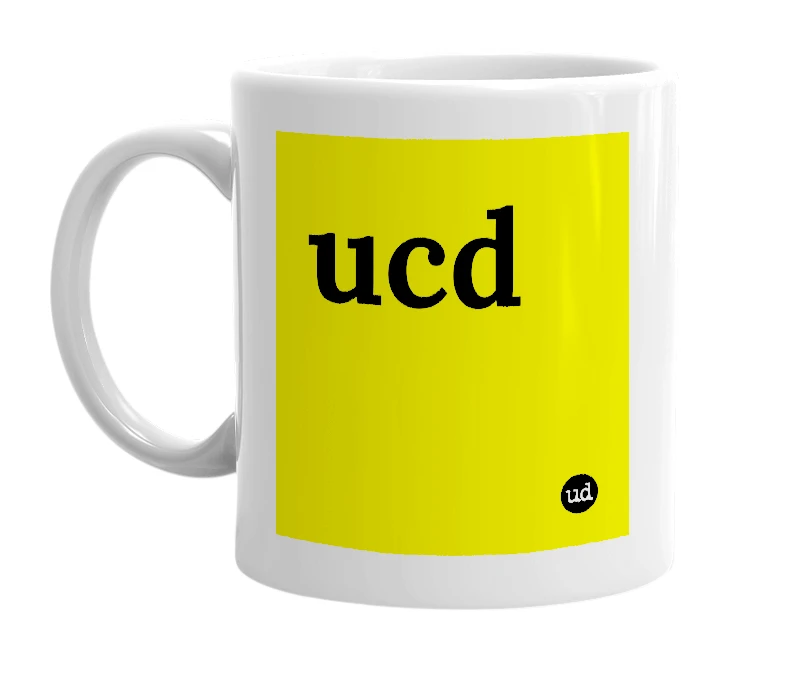 White mug with 'ucd' in bold black letters