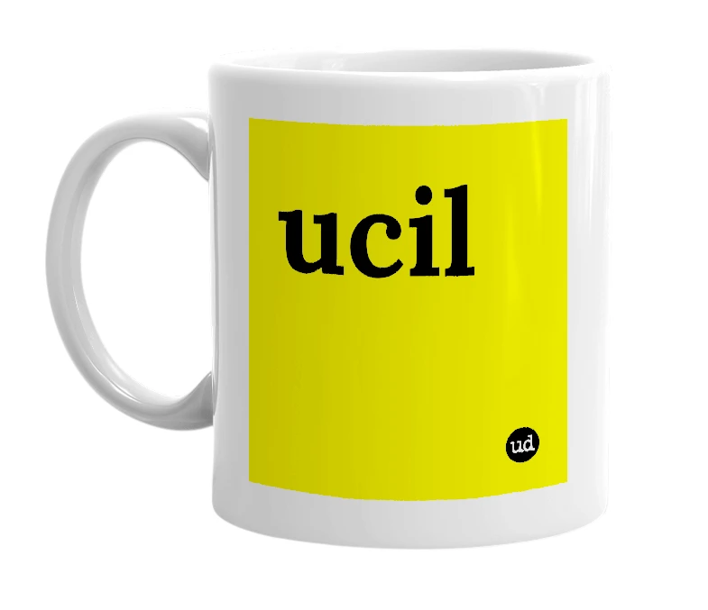White mug with 'ucil' in bold black letters