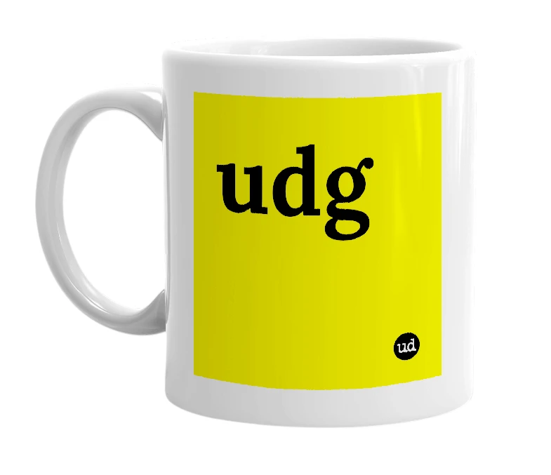 White mug with 'udg' in bold black letters