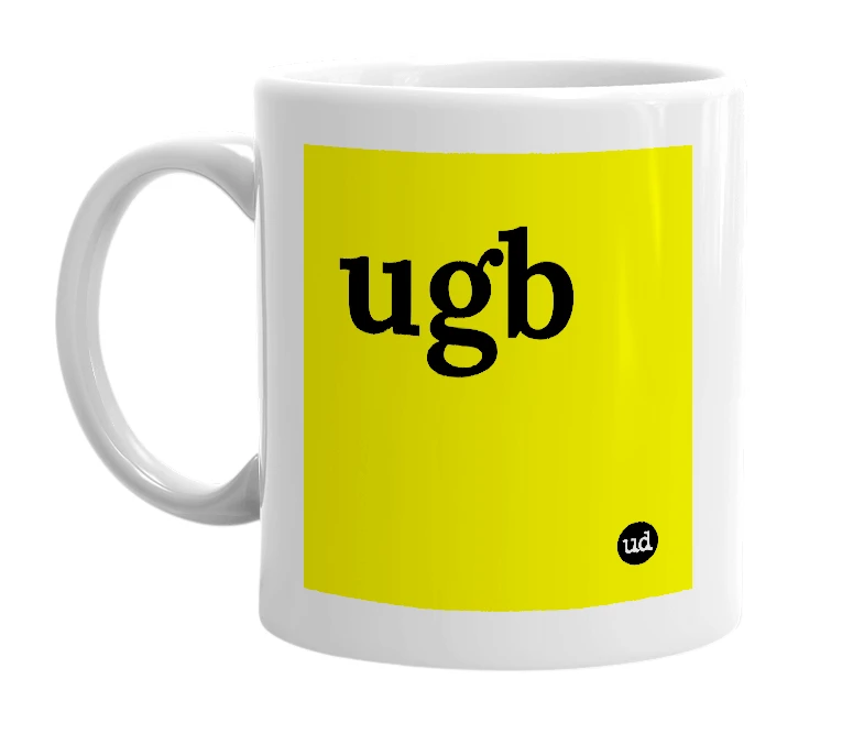 White mug with 'ugb' in bold black letters
