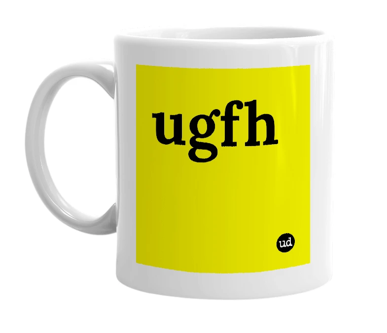 White mug with 'ugfh' in bold black letters