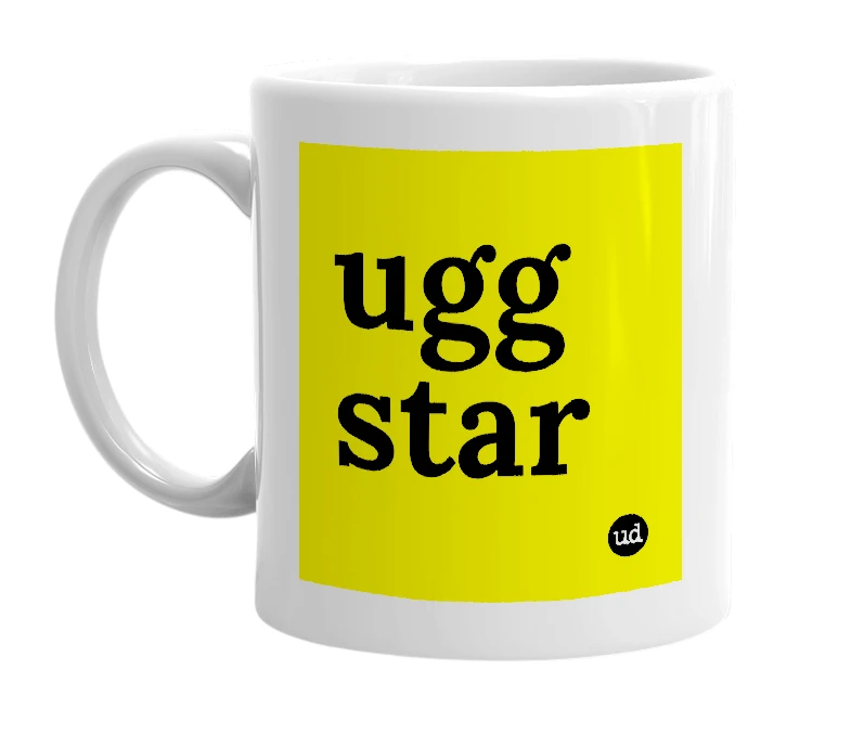 White mug with 'ugg star' in bold black letters