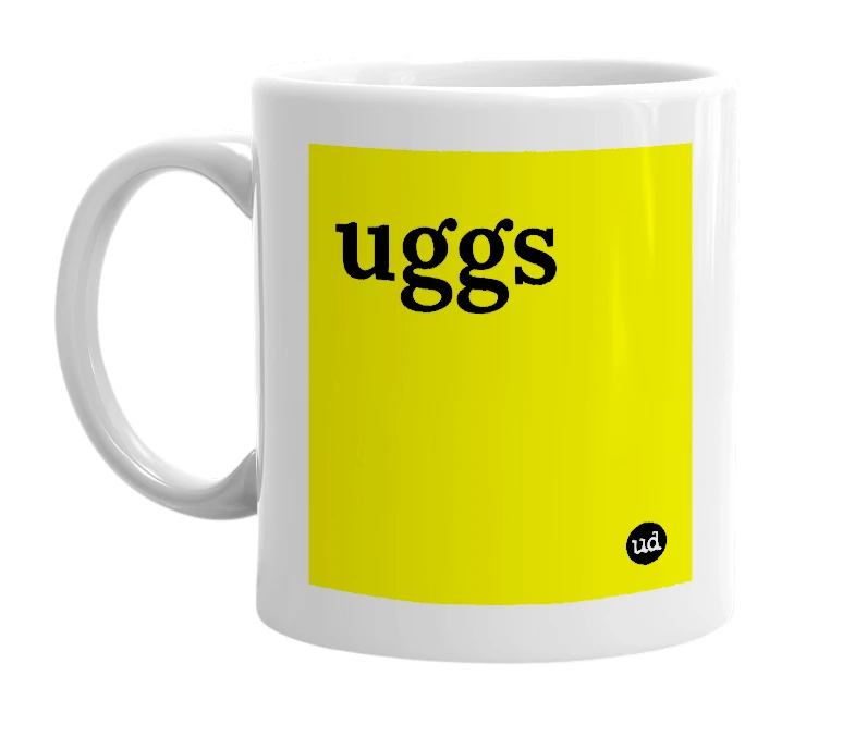 White mug with 'uggs' in bold black letters