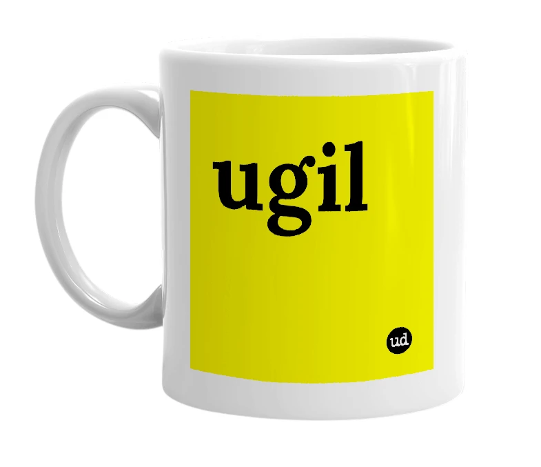 White mug with 'ugil' in bold black letters